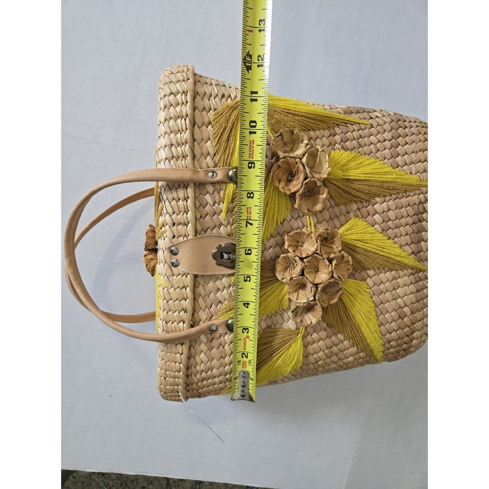 Vtg 1970s Woven Straw Leather Handbag 3D Flower Yarn Leaves MCM Boho Yellow Tan - Picture 12 of 13